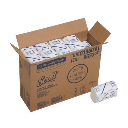 An opened "Scott" box from Kimberly-Clark GmbH contains 25 packs of SCOTTFOLD* folded hand towels, each pack individually wrapped with 175 white medium towels; one pack is depicted outside the box.
