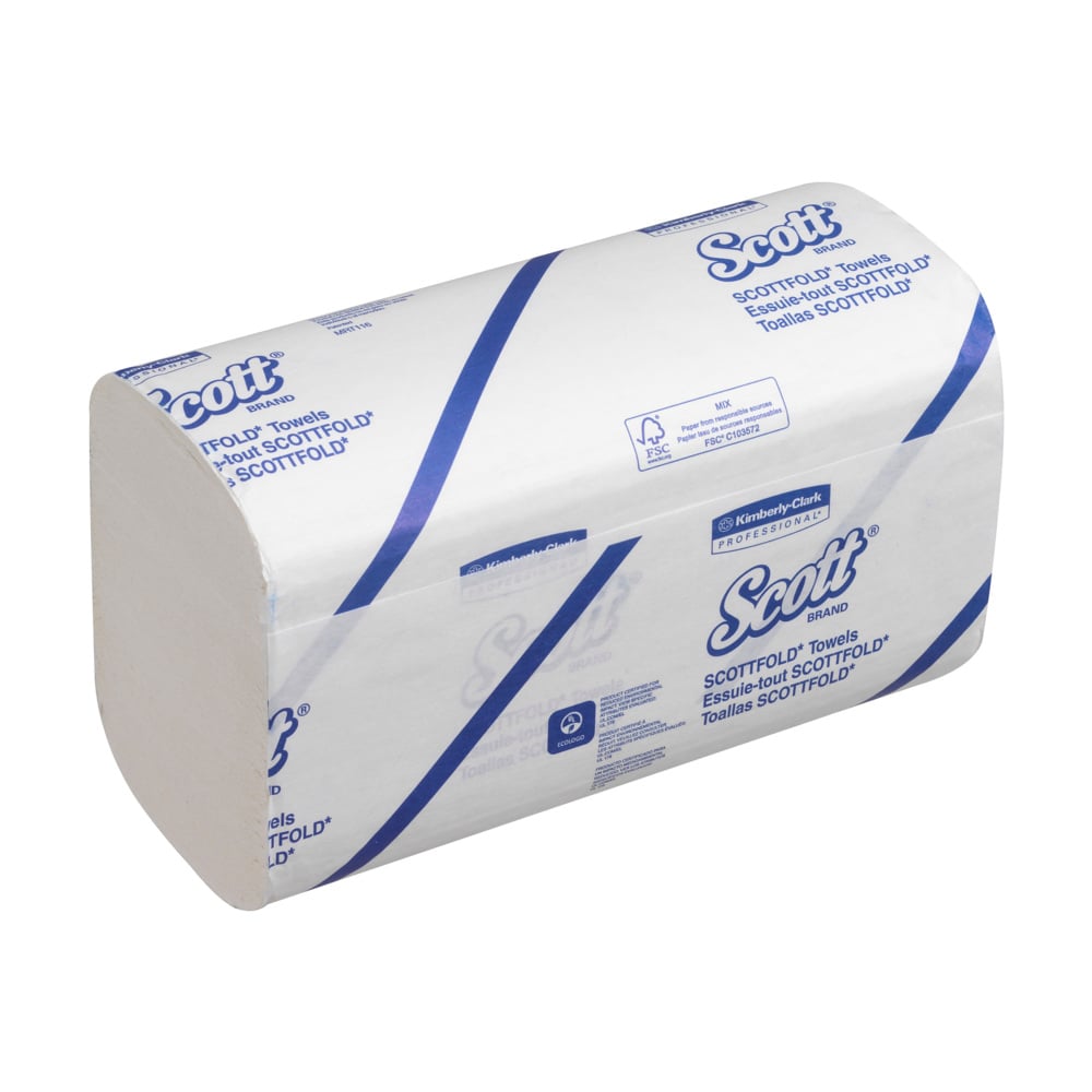A carton of Scott® SCOTTFOLD* hand towels from Kimberly-Clark GmbH (white, folded, medium - 25 clips x 175 sheets) stands in a white-blue design on a white surface.