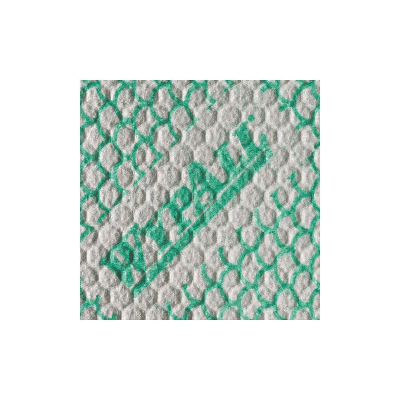 Primer plano de un paño blanco, texturizado WypAll® X80 Plus Critical Clean de Kimberly-Clark GmbH con un patrón verde y marca parcial, similar al paño de limpieza para entornos críticos.
