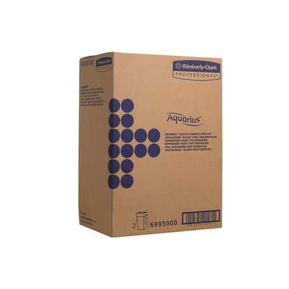 A large white plastic box Aquarius™ waste bin (medium) from Kimberly-Clark GmbH, labeled with blue graphics and details, contains 2 waste bins per box.