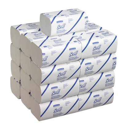 A carton with 25 packs of SCOTTFOLD* hand towels from Kimberly-Clark GmbH, white and folded, each with 175 towels per pack - ideal for efficient hand drying in practical, hygienic packaging.