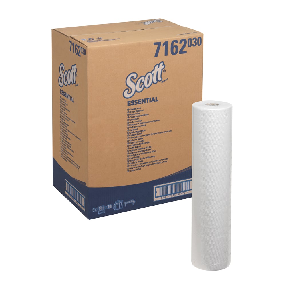 A brown box labeled "Scott® ESSENTIAL™ medical rolls - White" by Kimberly-Clark GmbH is shown with a single white roll. The carton is marked with blue product information and barcodes, making it ideal for hygienic use in medical facilities.