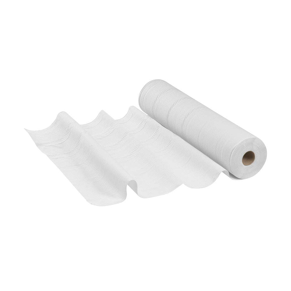 A roll of Scott® ESSENTIAL™ medical rolls - White by Kimberly-Clark GmbH is partially unrolled, revealing perforated white disposable sheets - perfect for use in medical facilities as practical medical rolls.