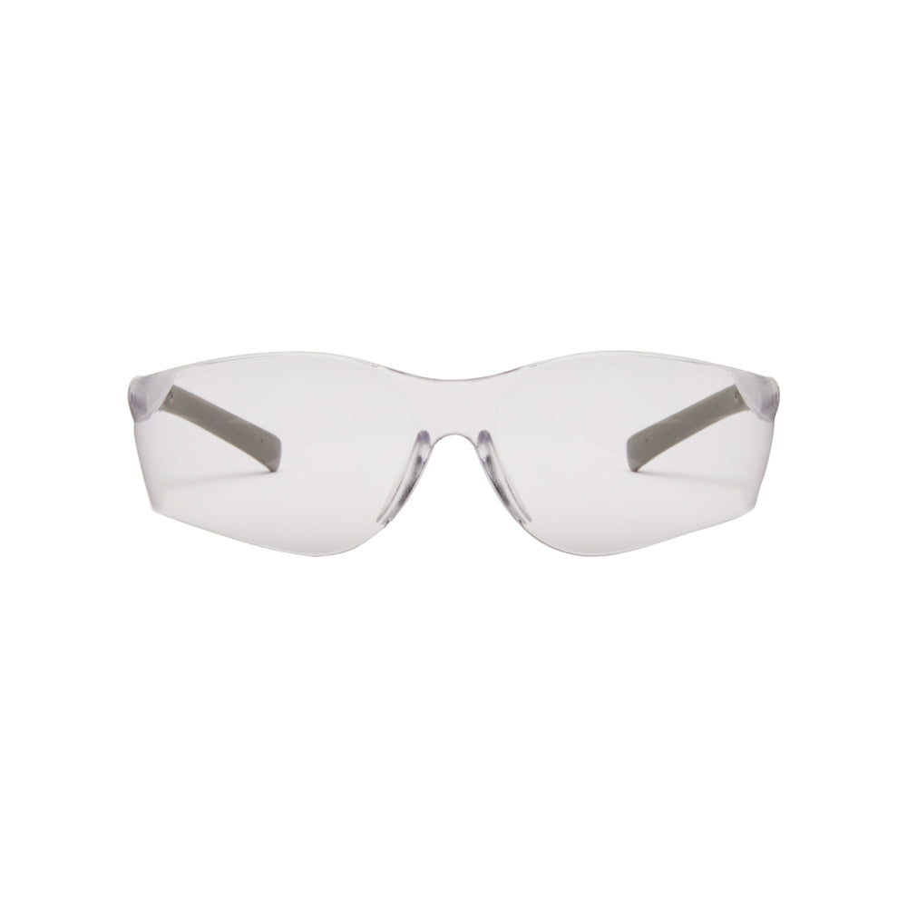 KleenGuard® V20 Purity™ Schutzbrille von Kimberly-Clark GmbH mit beschlagfreier Beschichtung, transparenten Gläsern und grauen Bügeln. 1 Karton à 12 Stück. Ideal für zuverlässigen Augenschutz. Fotografiert vor weißem Hintergrund, Frontalansicht.