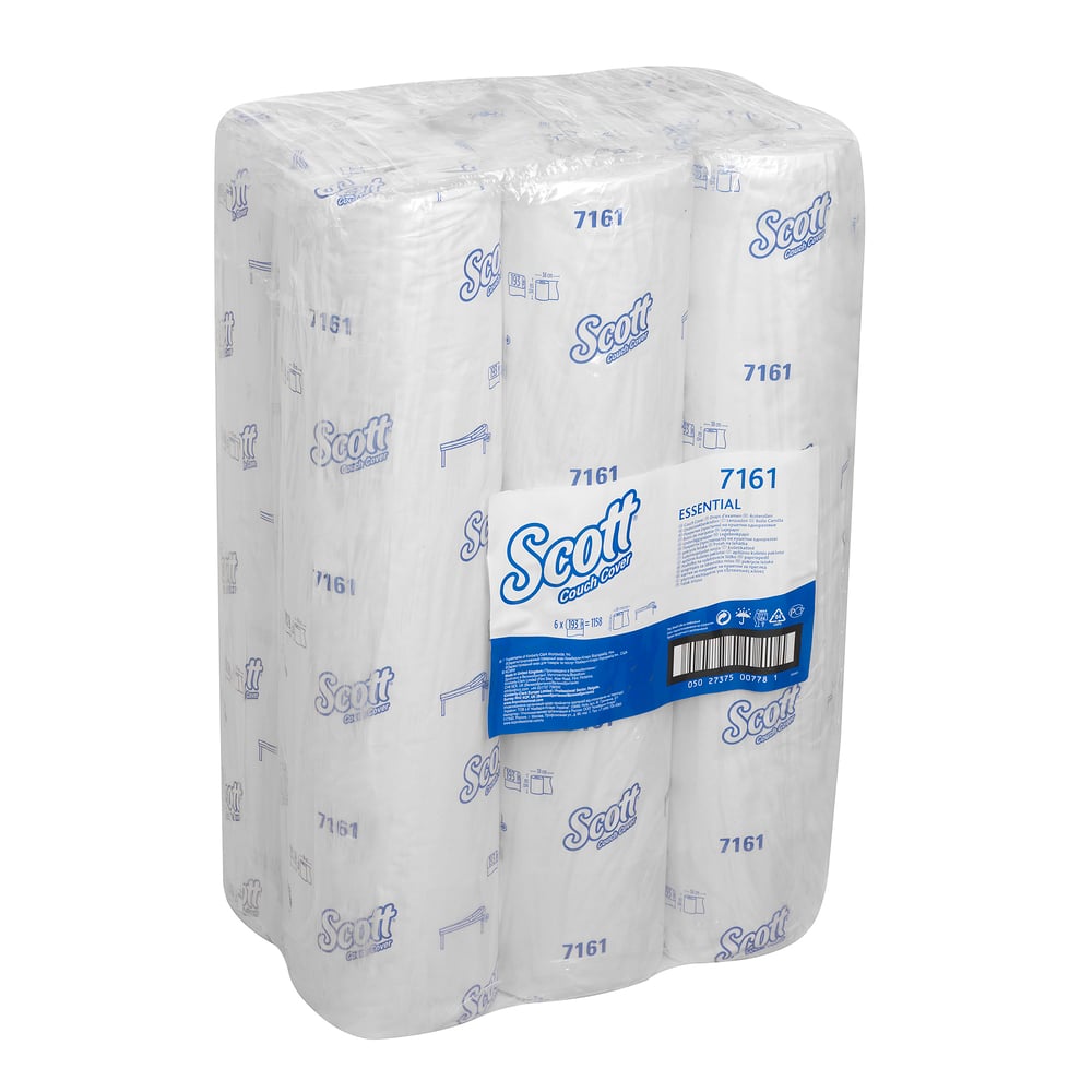 A bulk package of Scott® ESSENTIAL™ medical rolls - White by Kimberly-Clark GmbH, designed for hygienic use in medical areas; the brand and product information are printed in blue, and the rolls are stacked vertically in a clear package.