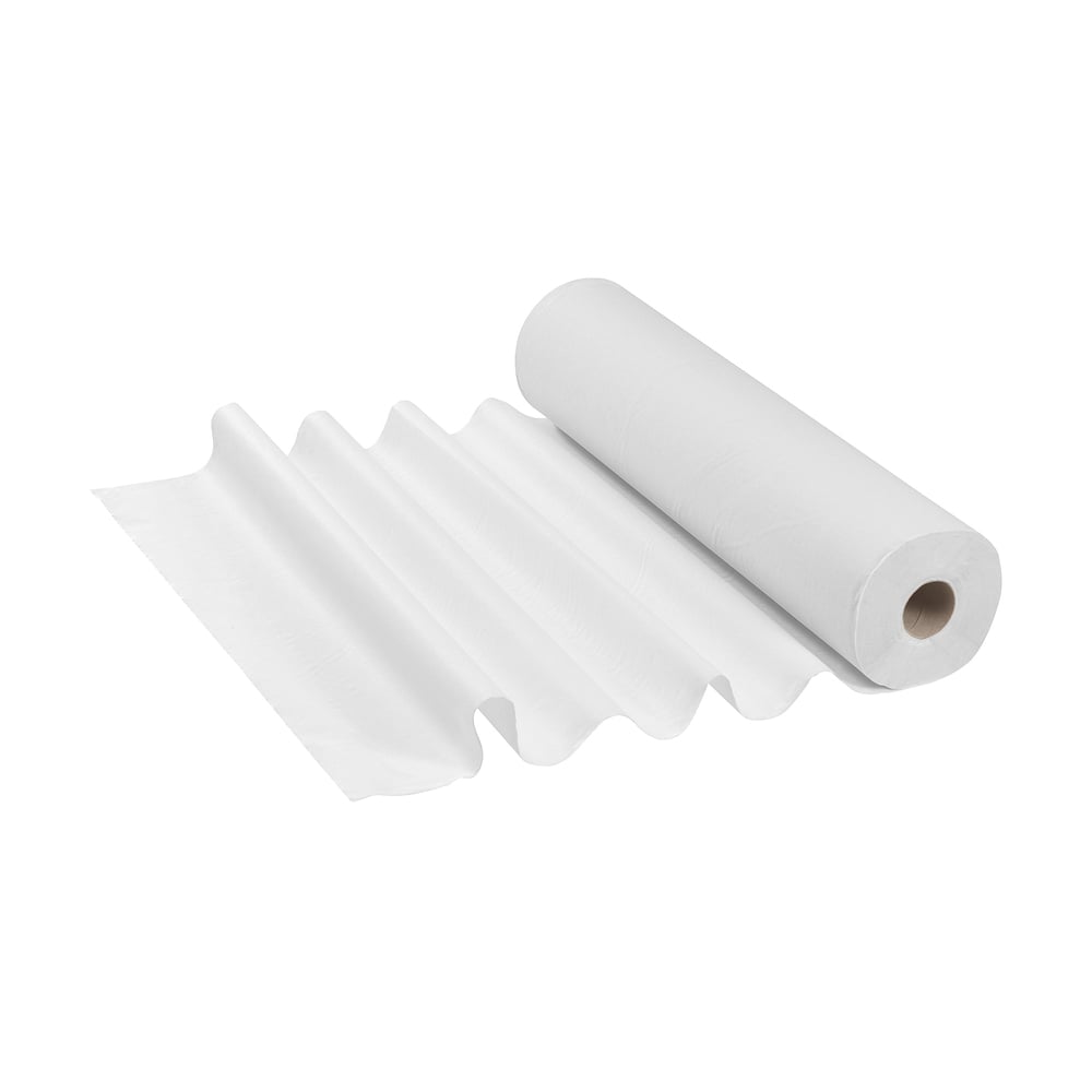 A white roll of Scott® ESSENTIAL™ medical rolls by Kimberly-Clark GmbH, slightly unrolled at the end, lies on a flat surface. These high-quality rolls, common in medical facilities, are shown against a plain white background.