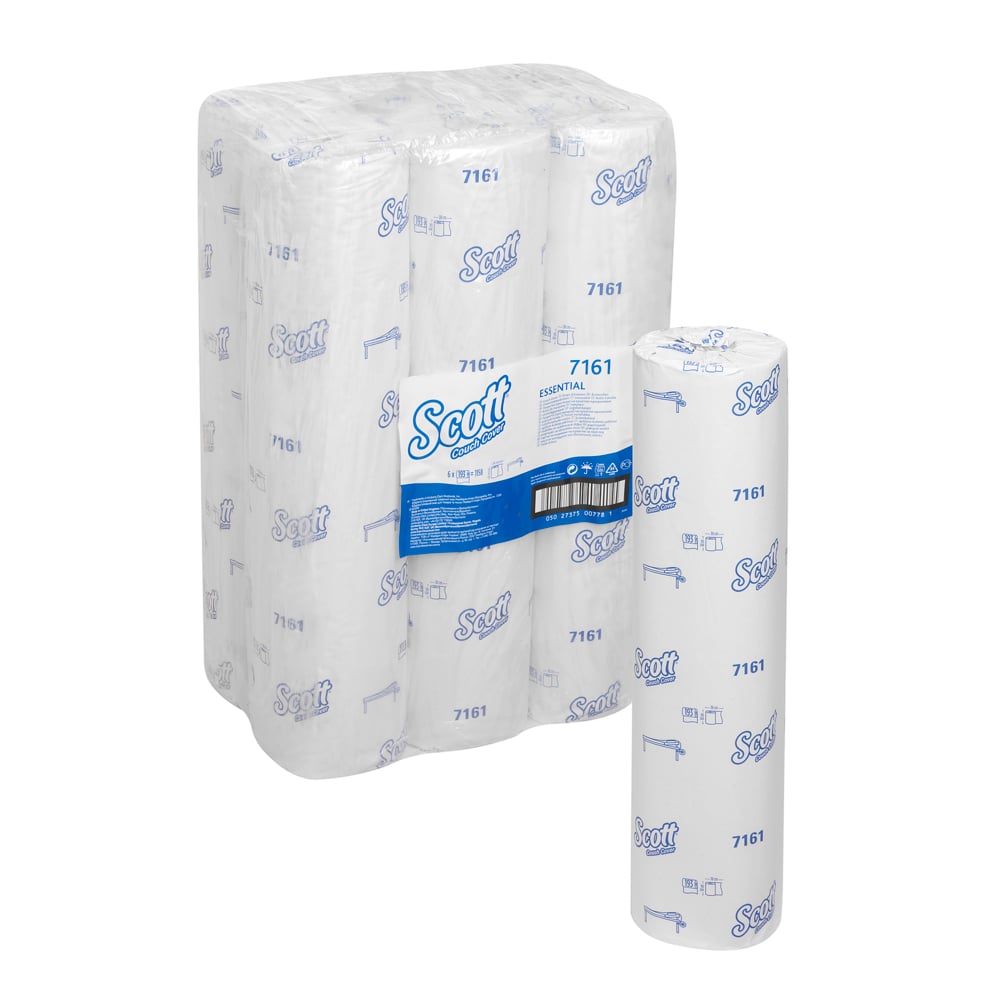 A package of Scott® ESSENTIAL™ medical rolls - White by Kimberly-Clark GmbH, with a single wrapped roll in front. The white-blue packaging ensures a hygienic solution, ideal for medical areas such as clinics.