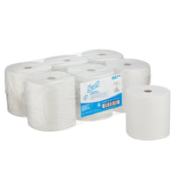 Six Scott® ESSENTIAL™ towels—white paper towel rolls (6 x 1 sheet) from Kimberly-Clark GmbH—are packaged in plastic wrap. The label displays the brand name and product details in blue and white, highlighting the hygienic nature of the towels.
