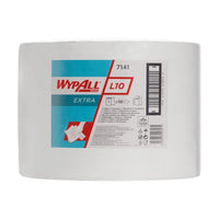 El rollo grande de toallitas WypAll® L10 EXTRA en color blanco (1 rollo x 1500 hojas) de Kimberly-Clark GmbH es ideal para la limpieza profesional; las instrucciones de uso del dispensador están impresas directamente en el embalaje.