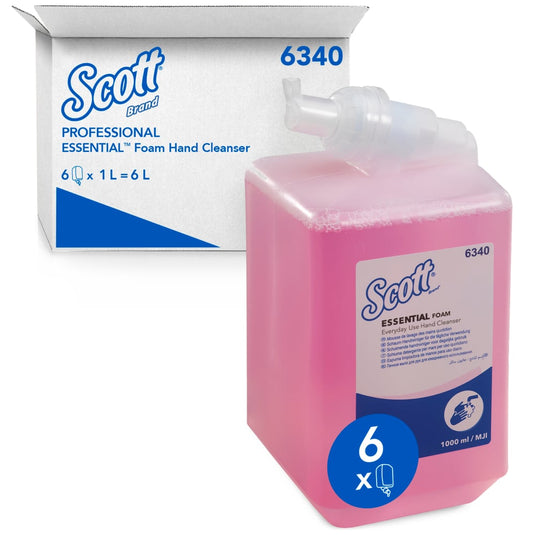 The Scott® Essential™ Foam Soap for daily use (1 L, pink, cartridge) from Kimberly-Clark GmbH is available in a box of 6 cartridges—a total of 6 liters of refill for your hand hygiene.