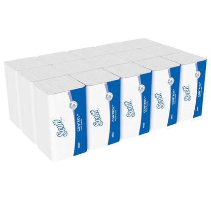 Ein Stapel Scott® CONTROL™ Falthandtücher von Kimberly-Clark GmbH in Weiß, 15 Packungen x 212 Blatt pro Karton (15 Päckchen), zeichnet sich durch ein saugfähiges Design aus, das sich ideal zum hygienischen Händetrocknen eignet - insgesamt 3.180 Blatt.