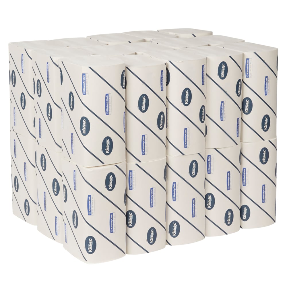 A neatly stacked set of Kleenex® Ultra™ Hand Towels - Interfold, White, Large (30 clips x 94 sheets per box) from Kimberly-Clark GmbH; each pack is wrapped in white with blue accents and resembles the clean look of premium hand towels.