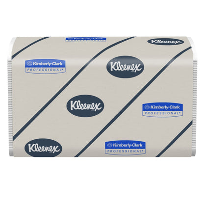 A rectangular stack of Kleenex® Ultra™ Hand Towels - Interfold / White from Kimberly-Clark GmbH, in white packaging with repeatedly printed blue logos "Kleenex" and "Kimberly-Clark Professional". The box contains 30 packs with 94 sheets each.