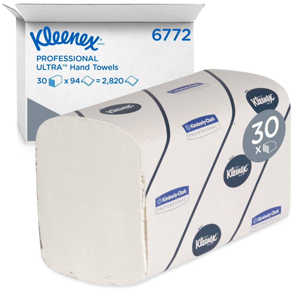 A box of Kleenex® Ultra™ Hand Towels - Interfold/White/Large from Kimberly-Clark GmbH contains 30 packs with 94 sheets each, totaling 2,820 absorbent towels in hygienic branded packaging.