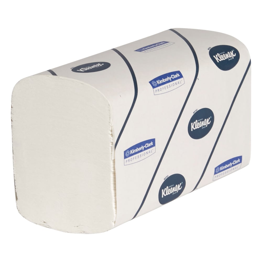 A stack of Kleenex® Ultra™ Hand Towels Interfold, large, white, 30 clips x 94 sheets in the box (30 packs) from Kimberly-Clark GmbH is seen in branded packaging against a white background.
