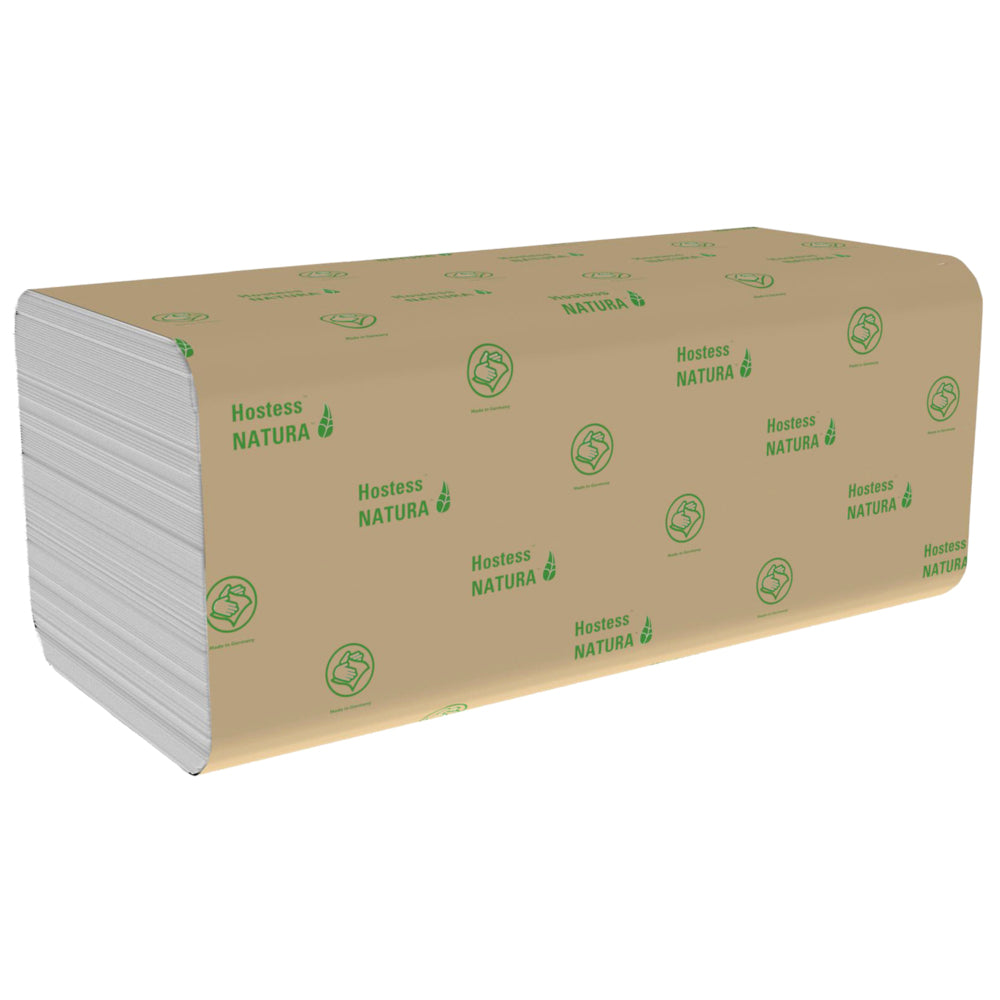 Ein Stapel Hostess™ NATURA™ Handtücher - Zick-Zack-Faltung, Klein (23,00 cm x 25,00 cm) von Kimberly-Clark GmbH in umweltfreundlicher Verpackung - ideale, umweltfreundliche Handtücher für jede Umgebung.