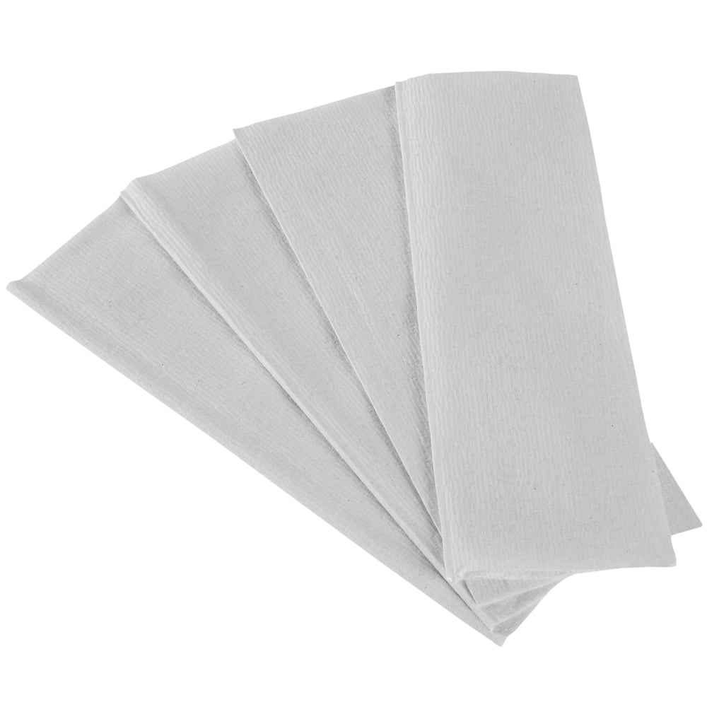 Four white, rectangular Kleenex® Ultra™ Hand Towels from Kimberly-Clark GmbH are fan-shaped on a white background. The large pack contains 30 clips with 94 interfold hand towels each, presented hygienically and elegantly.
