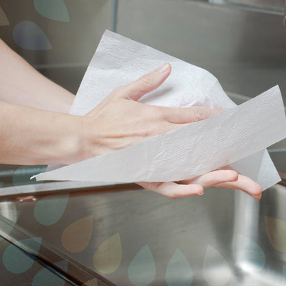 A person dries their hands with Kleenex® Ultra™ Hand Towels (Interfold, White, Large, 30 x 94 sheets) from Kimberly-Clark GmbH over a stainless steel sink.
