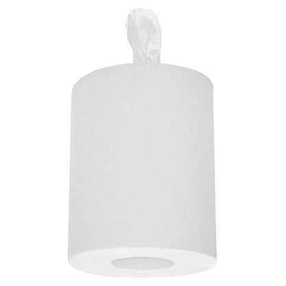 Eine einzelne, aufrechte Kimberly-Clark GmbH WypAll® L10 Papierwischtuch-Rolle für Zentralentnahme (Weiß) mit einem herausgezogenen Tuch. Geeignet für die Reinigung im Service & Einzelhandel. Schlichter, weißer Hintergrund.