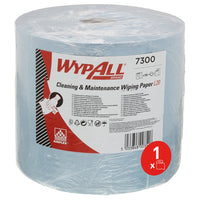 La toalla de papel WypAll® L20 para trabajos de mantenimiento, en rollo grande de color azul, de Kimberly-Clark GmbH, contiene 1 rollo con 500 toallas, está envuelta en film y lleva una etiqueta con información sobre el producto; un símbolo rojo indica el contenido de cada rollo.