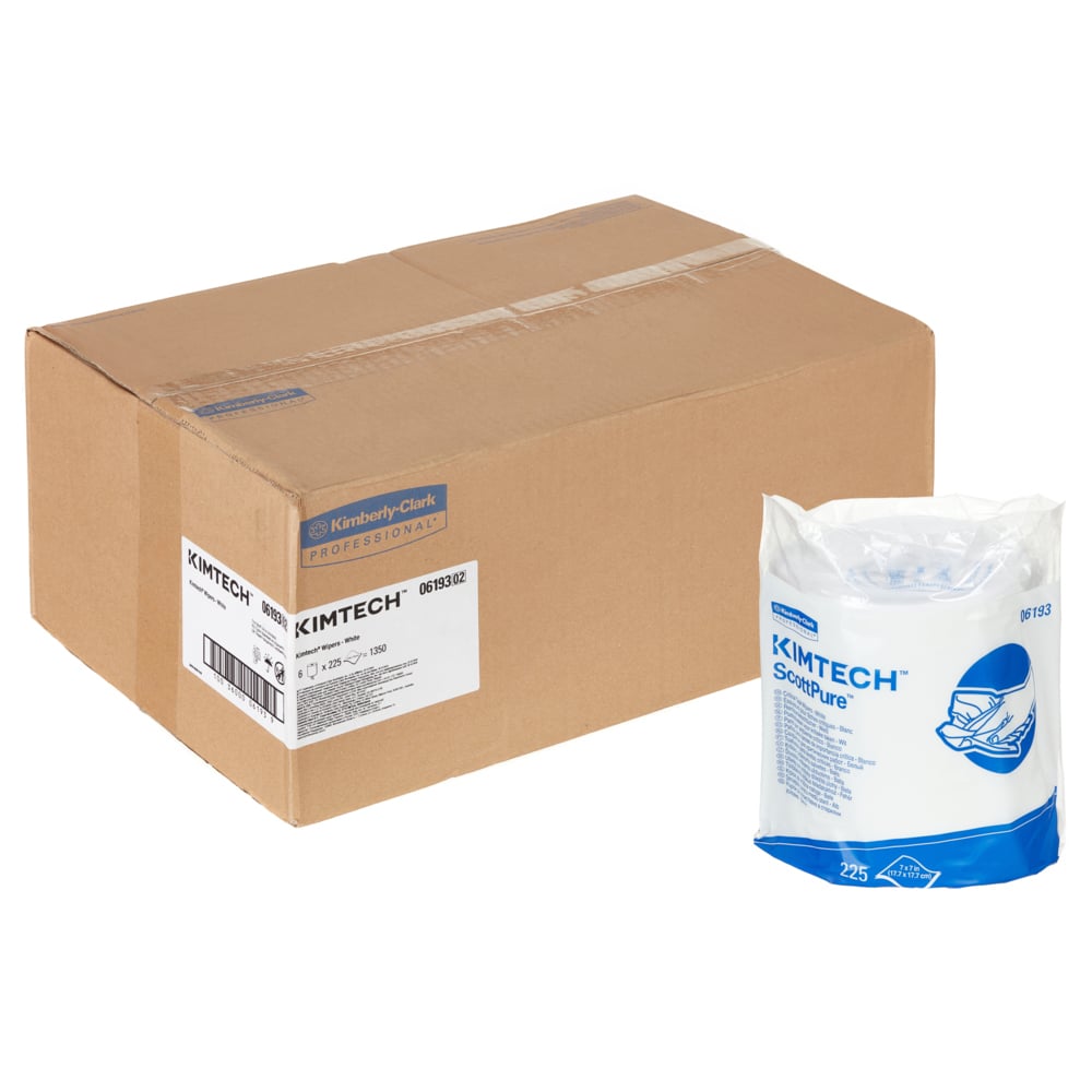 Ein brauner Karton mit der Aufschrift Kimberly-Clark GmbH steht neben einem in Kunststoff verpackten Karton Kimtech® Wischtücher - Zentralentnahme (Weiß, 6 Rollen x 225 Blatt) für effektive Reinigung.