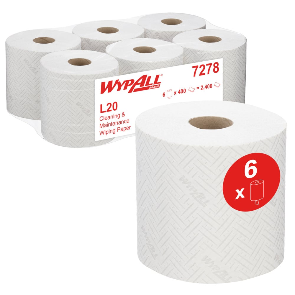 Abgebildet sind sechs Rollen WypAll® L20 Papierwischtuch für Instandhaltungsarbeiten von Kimberly-Clark GmbH (weiß, Zentralentnahme, 6 x 400 Tücher); eine Rolle hebt die 6er-Packung und dezentes Muster hervor - ideal für Reinigung und Wartung.