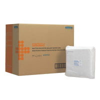 A brown Kimtech® box from Kimberly-Clark GmbH labeled "Auto Sealant Wipes - White" sits next to a stack of white wipes wrapped in clear plastic, which are ideal for sealing. The box features orange and blue text and symbols. 12 boxes x 30 sheets per box.