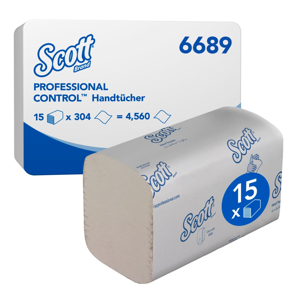 Ein Karton Scott® Control™ Interfold Handtücher von Kimberly-Clark GmbH, Weiß, 15 Clips x 304 Blatt (4.560 insgesamt), kommt in einer weiß-blauen Verpackung mit der Aufschrift "6689" für effizientes Händetrocknen.