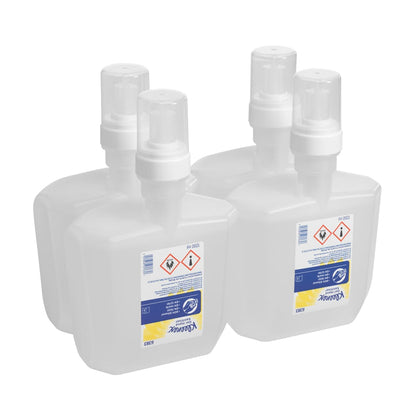 Four transparent 1.2-liter cartridges of Kleenex® Extra Gel Hand Sanitizer from Kimberly-Clark GmbH, each with clear labels, hazard symbols, and blue-yellow accents - ideal for hand hygiene in high-traffic areas (4 cartridges per box).