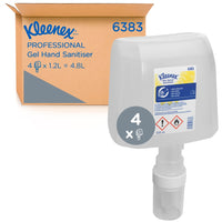 A box labeled "Kleenex® Extra Gel Hand Sanitizer" by Kimberly-Clark GmbH contains 4 transparent 1.2-liter electronic cartridges for hand hygiene; each cartridge has information on usage and safety printed on its label.