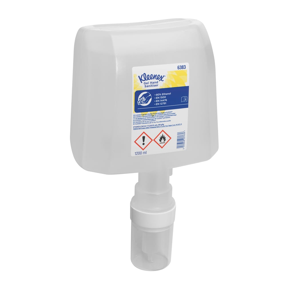 The Kleenex® Extra Gel Hand Sanitizer from Kimberly-Clark GmbH is delivered in a transparent 1.2-liter cartridge for electronic dispensers; the white bottle is equipped with a blue-yellow hazard label indicating the flammable content. The box contains 4 cartridges.