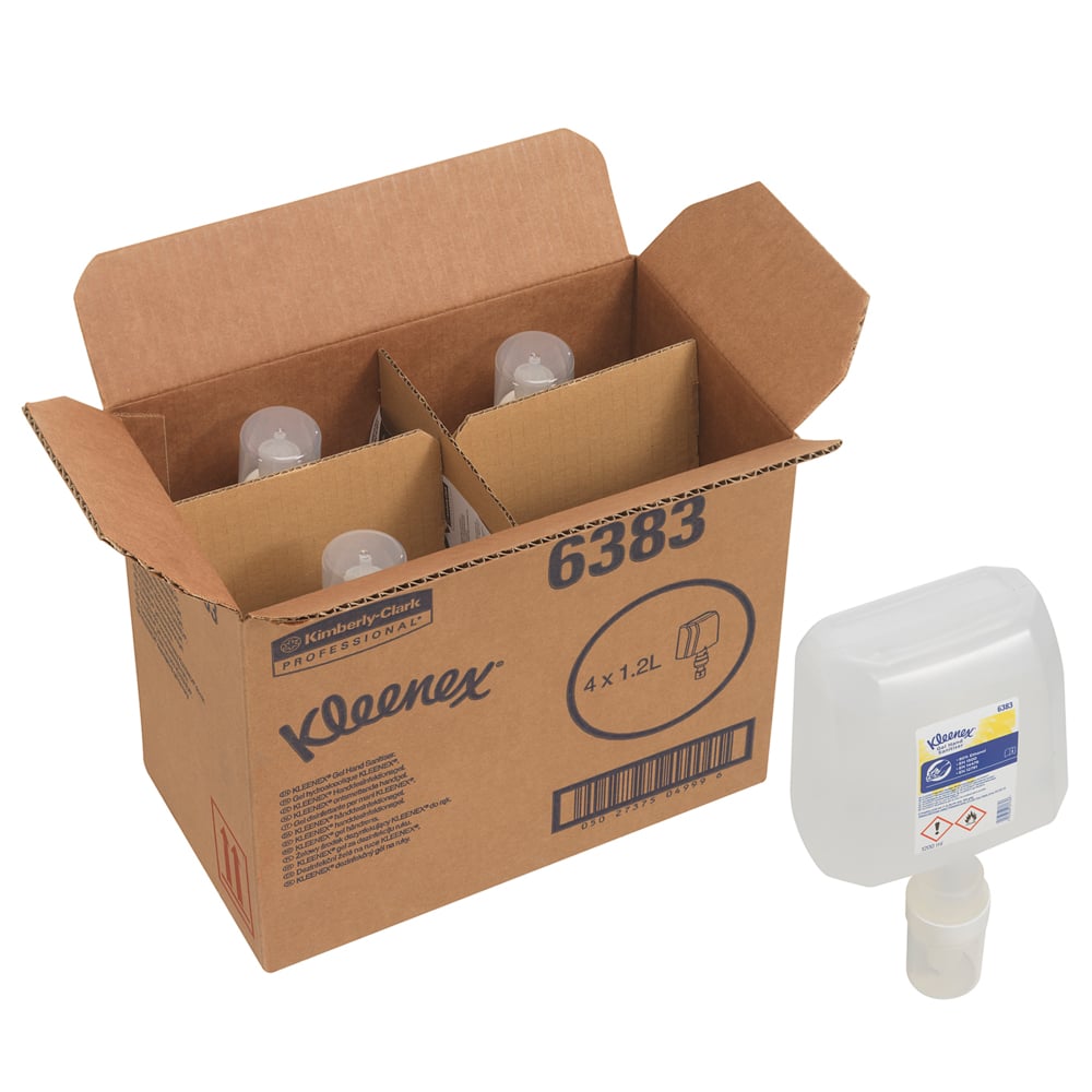 A brown box from Kimberly-Clark GmbH labeled "Kleenex® Extra Gel Hand Sanitizer 6383" contains four transparent electronic 1.2-liter refill cartridges for hand hygiene; one of them shows a white nozzle and a blue-yellow label outside the box.
