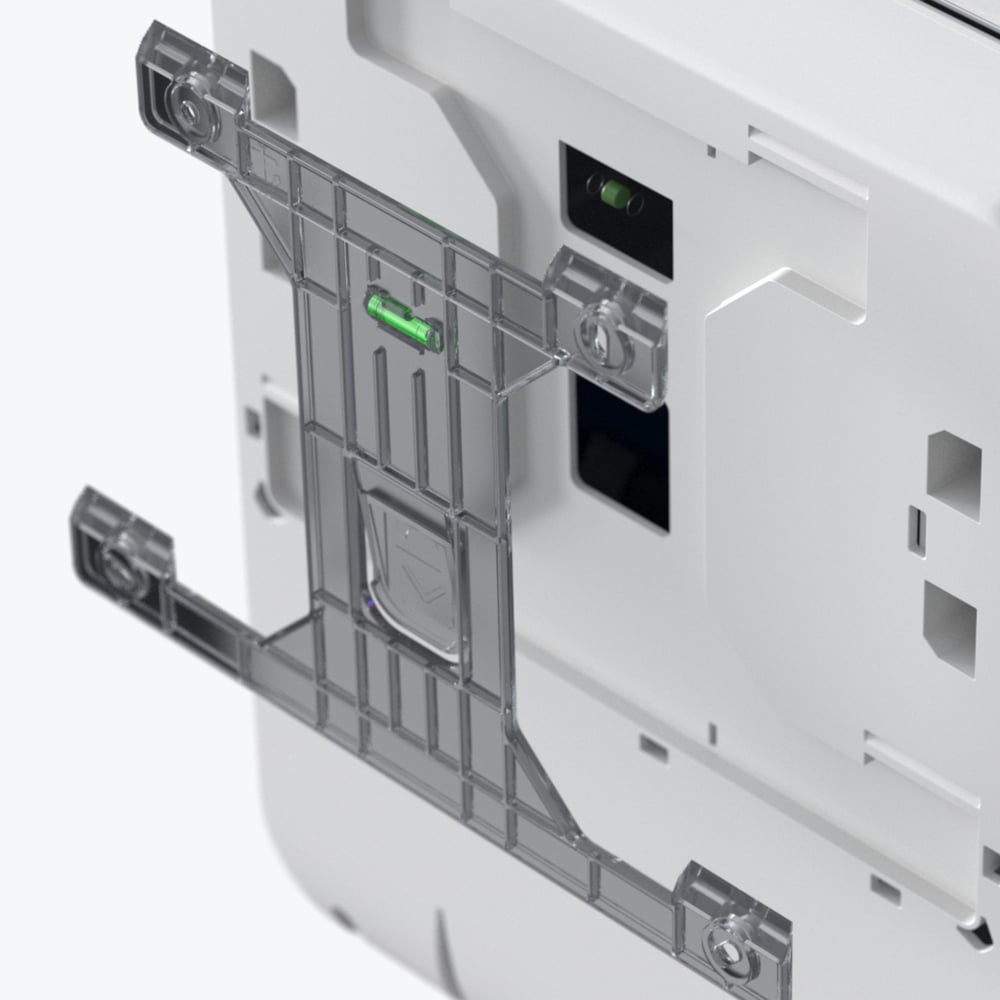 Nahaufnahme der Rückseite eines Kimberly-Clark Professional™ Icon™ Elektronische No Touch - Losse Module - Rolle / Silver Mosaic von Kimberly-Clark GmbH, die die transparente Kunststoffhalterung zeigt, die mit sichtbaren Schrauben befestigt ist.