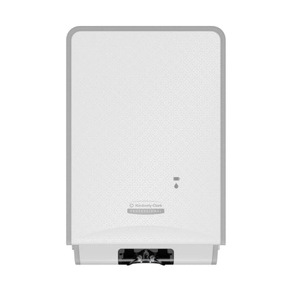 A white Kimberly-Clark Professional™ Icon™ electronic skincare dispenser (1.2 L) with touchless dispensing in White Mosaic design - ideal for hygienic hand care in public areas.