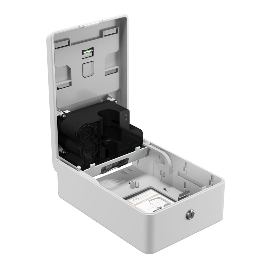 The Kimberly-Clark Professional™ Icon™ electronic skincare dispenser (White Mosaic, 1.2 L) by Kimberly-Clark GmbH features touchless dispensing, a flip-top lid with locking mechanism, a black battery holder, wiring, and a SIM card slot for hygiene.