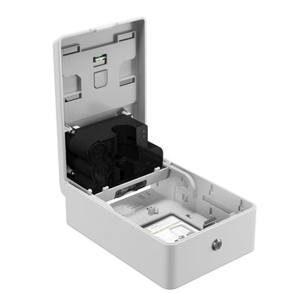 The Kimberly-Clark Professional™ Icon™ electronic skincare dispenser (White Mosaic, 1.2 L) by Kimberly-Clark GmbH features touchless dispensing, a flip-top lid with locking mechanism, a black battery holder, wiring, and a SIM card slot for hygiene.