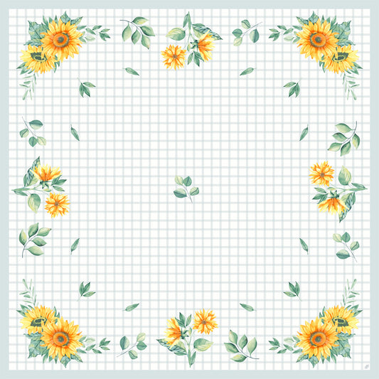 Ein quadratisches Dunicel-Mitteld. 84x84cm Sonnenblumen-Tischdecke von Duni GmbH zeigt ein Sonnenblumenmuster mit aquarellierten Sonnenblumen, gelben Blüten und grünen Blättern in jeder Ecke - ideal als Einweg-Tischdecke. Die Mitte ist frei gelassen; kleine Blattakzente säumen die Ränder.
