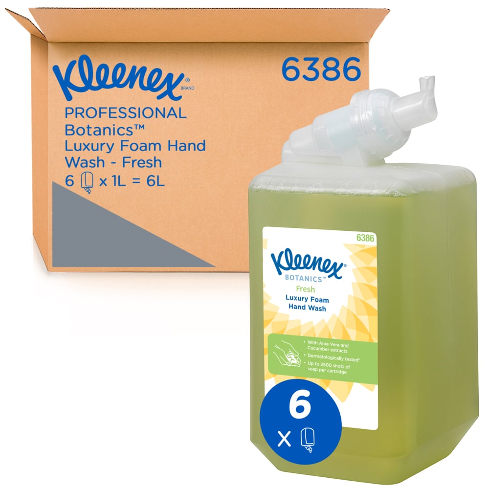 Ein brauner Versandkarton mit der Aufschrift "Kleenex 6386" der Kimberly-Clark GmbH enthält sechs 1-Liter-Kassetten Kleenex® Botanics™ Luxury Foam Hand Wash with botanische Extrakte, insgesamt 6 Liter.