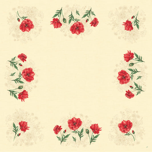 Die Dunicel Mitteldecke 84x84 cm Monique von Duni GmbH hat einen beigen Hintergrund mit roten und rosafarbenen Nelken und grünen Blättern, die eine weiche, umweltfreundliche Blumenbordüre entlang der Ränder bilden, die Mitte bleibt leer. Packung (20 Stück).