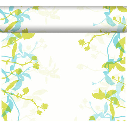 Ein weißes Laken mit grüner und blauer Blumenbordüre auf drei Seiten passt perfekt zum Duni GmbH Dunicel-Tischläufer Tête-à-Tête 24 m x 0,4 m (20 Abschnitte) und ist damit ideal für eine stilvolle Tischdekoration.
