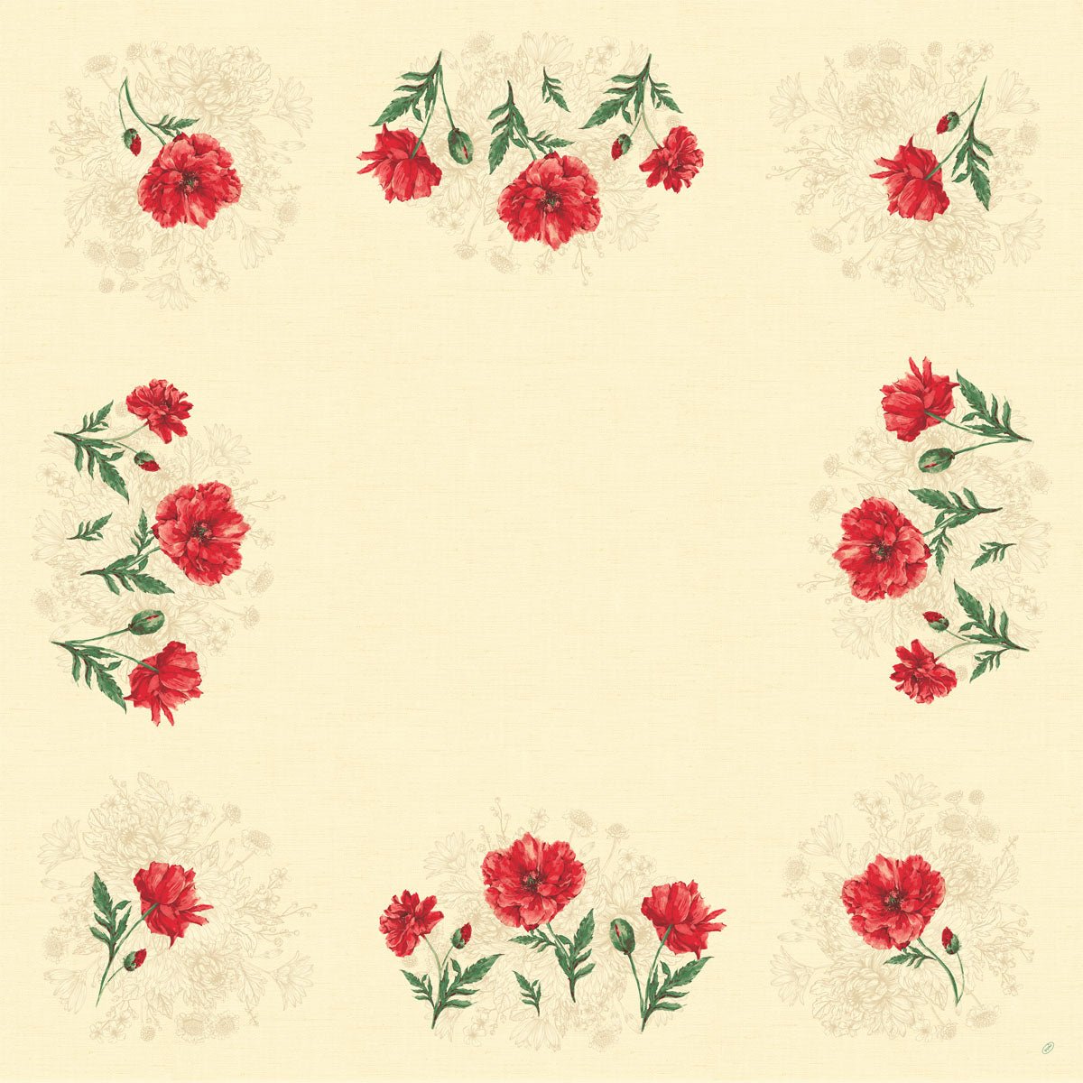 Un cuadrado color crema con clavel rojo y borde de hojas verdes, perfecto como elegante mantel Dunisilk Monique de 84x84 cm de Duni GmbH, ideal para una decoración de mesa elegante (paquete de 20 unidades).