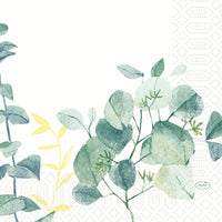 A watercolor design featuring green and yellow eucalyptus leaves adorns the lower corners of the Duni GmbH Zellt.Serv.33x33 3lg 1/4 Spire napkins (33x33 cm, pack of 50), which are printed on white with a subtle gray geometric pattern.