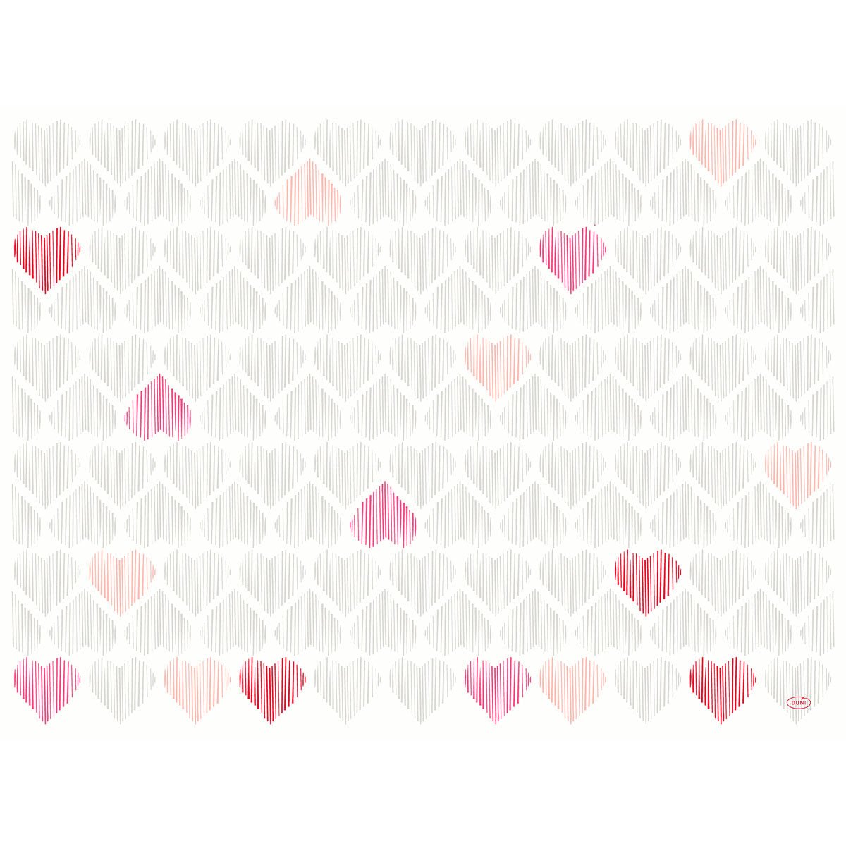 A grid of vertical heart lines in light gray and scattered pink, red, and peach hearts adorns the Dunicel sets 30x40 cm Amour by Duni GmbH-high-quality placemats (pack of 100 pieces)-on a bright white background.