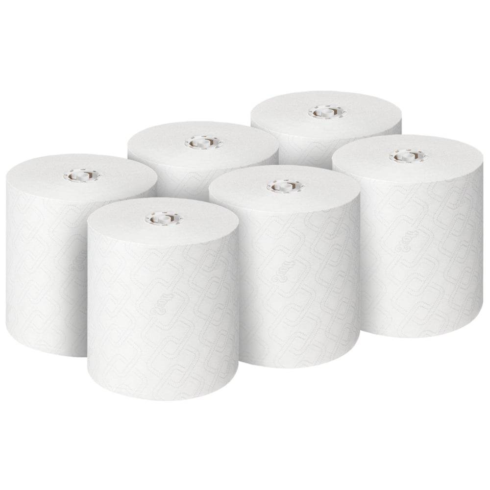 Six Scott® Essential™ paper towel rolls (white) from Kimberly-Clark GmbH are arranged in two rows of three on a white background. Each of the 6 rolls in the box is ideal for hygienic hand cleaning.