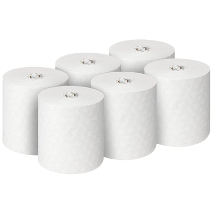 Six Scott® Essential™ paper towel rolls (white) from Kimberly-Clark GmbH are arranged in two rows of three on a white background. Each of the 6 rolls in the box is ideal for hygienic hand cleaning.