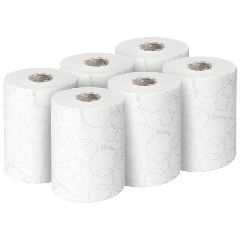 Six white rolls of Kleenex® Ultra™ Slimroll™ hand towels from Kimberly-Clark GmbH are arranged in two rows of three - ideal for narrow dispensing systems - against a plain white background.