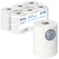 A carton with 6 Kleenex® Ultra™ Slimroll™ hand towels from Kimberly-Clark GmbH, each white roll 100m, ideal for narrow dispensing systems. One roll is depicted separately with a "6x" and roll symbol on the label.