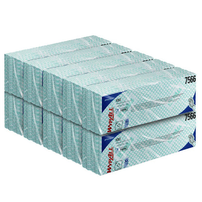 En stabel med pakket Kimberly-Clark GmbH WypAll® X80 Critical Clean Interfold kluter (41x33 cm) i en hvit emballasje med grønne og blå aksenter, med påskriften 7566 på siden.