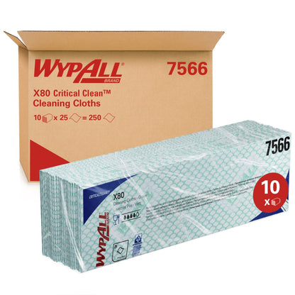 Avbildet er en eske med påskriften "WypAll® X80 Critical Clean - Interfold, 41,00 cm x 33,00 cm" fra Kimberly-Clark GmbH med stablede rengjøringskluter for kritiske miljøer i plastemballasje, som viser til 10 pakker med 25 kluter hver for industriell rengjøring.