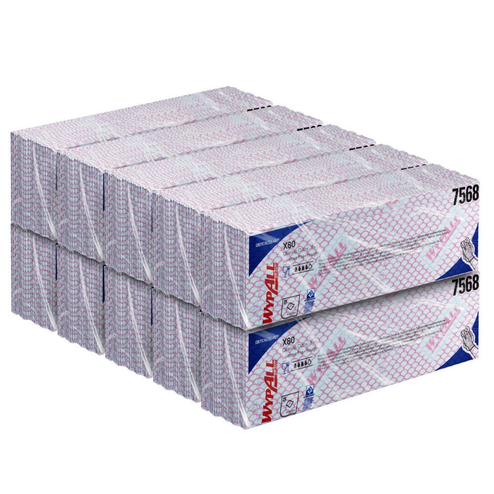En stabel Kimberly-Clark GmbH WypAll® X80 Critical Clean Interfold Kluter (41 x 33 cm), artikkel 7568, med rød-blått rutemønster, i to rader med fire bokser hver - ideell for kritiske miljøer.